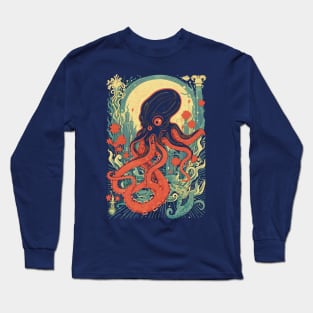 Retro Octopus In Atlantis Sea Art Long Sleeve T-Shirt